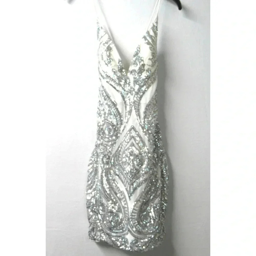 Windsor Sequin Embellished White and Silver Mini Dress